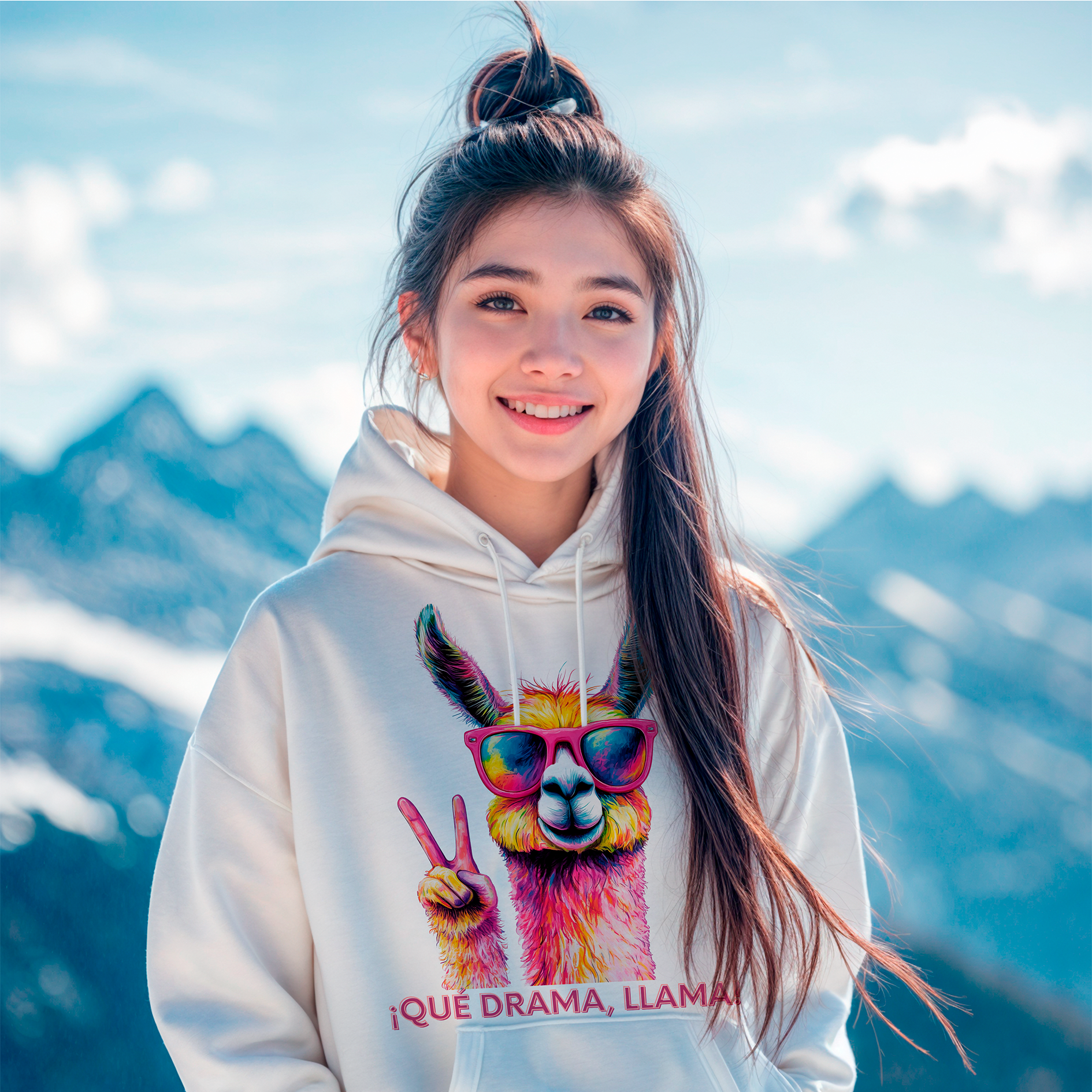 a young girl wearing a sweatshirt with a llama on it
