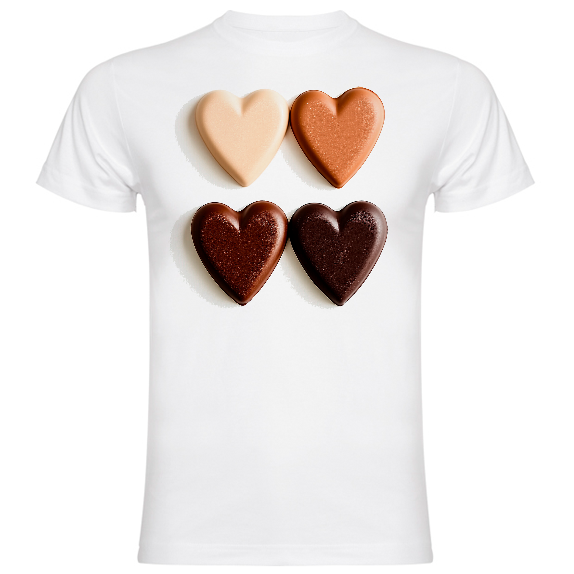 three heart shaped chocolates on a white t - shirt