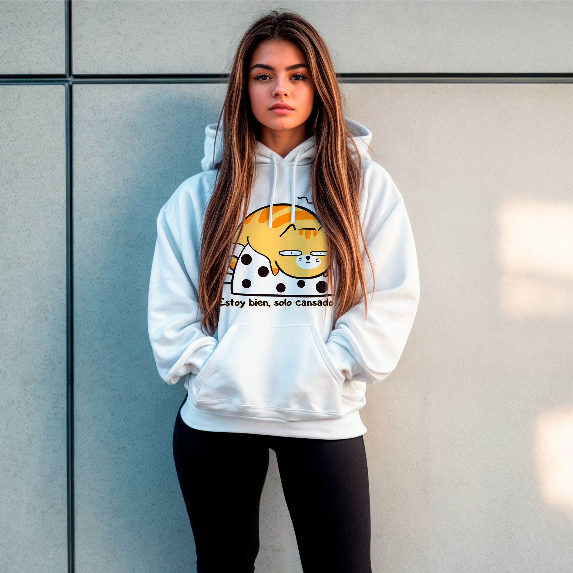 a woman wearing a white hoodie with a yellow smiley face on it