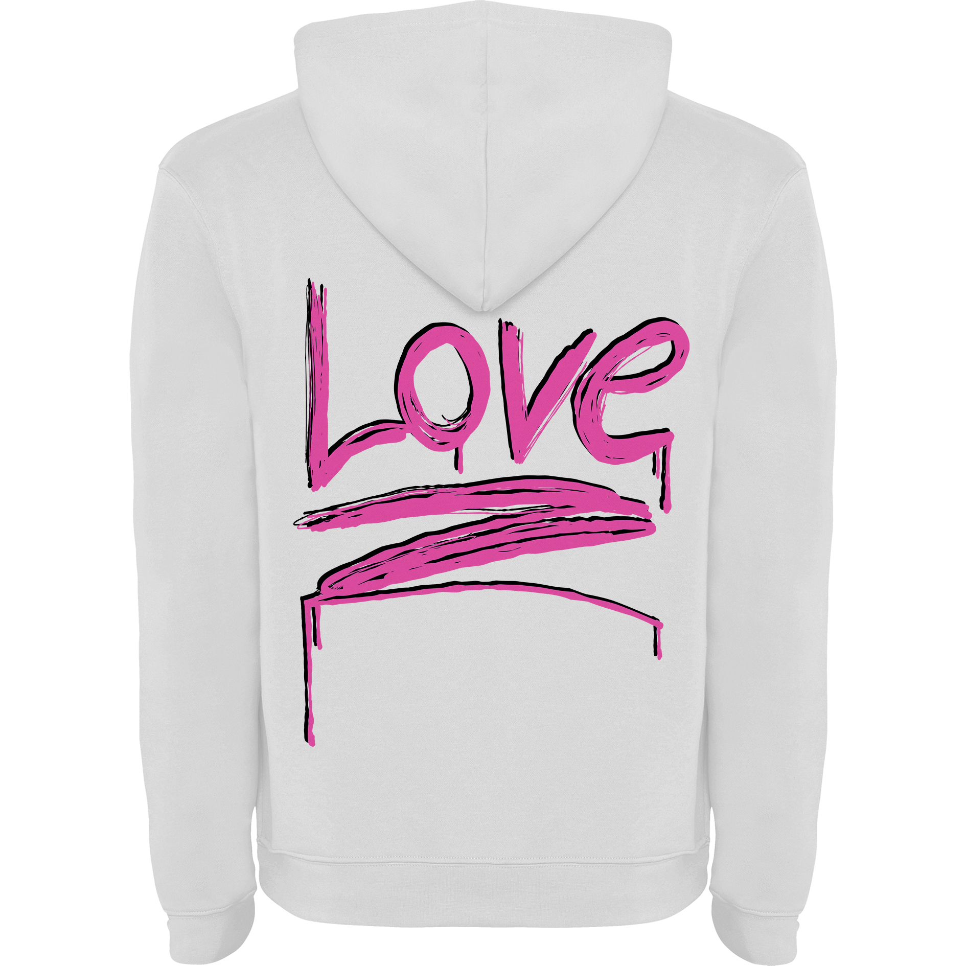 a white hoodie with the word love painted on it